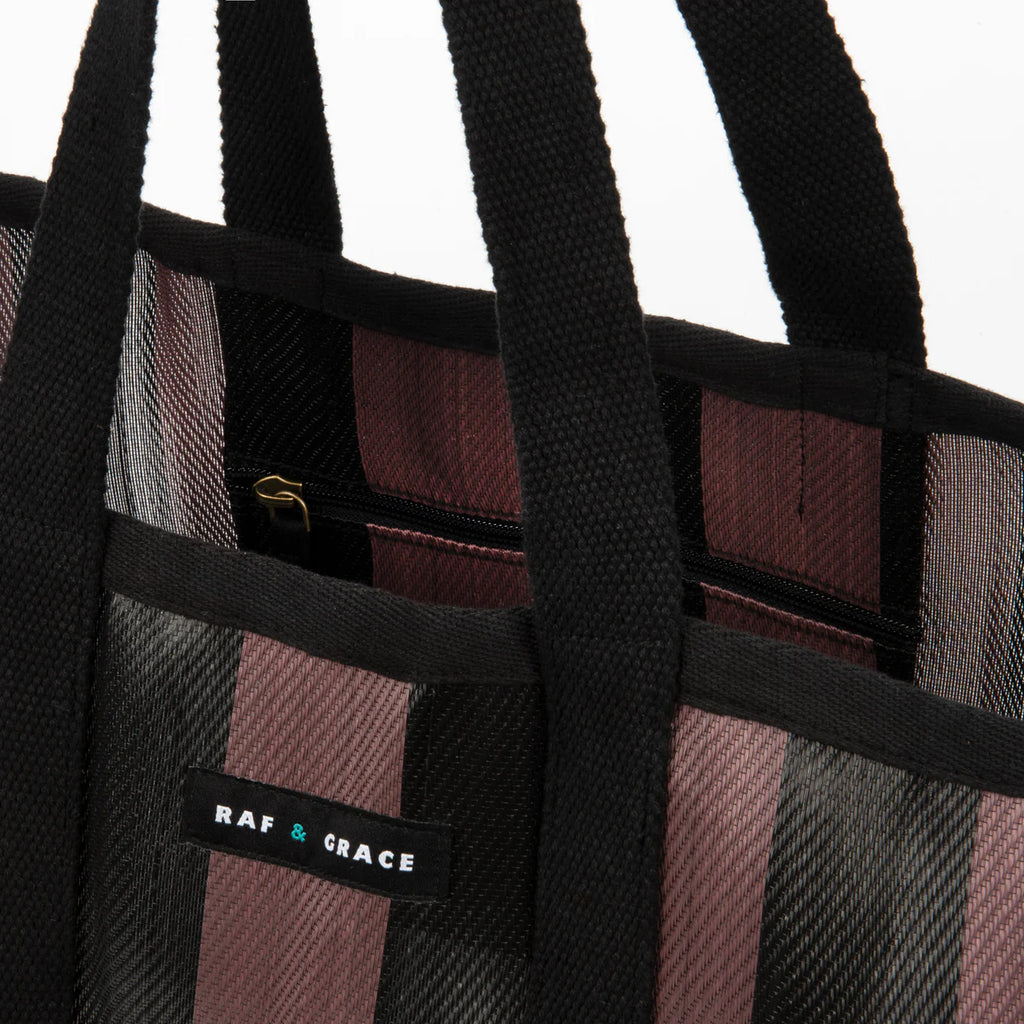 Large Recycled Plastic Fig Brown & Black Stripe Shopper Bag - Raf and Grace