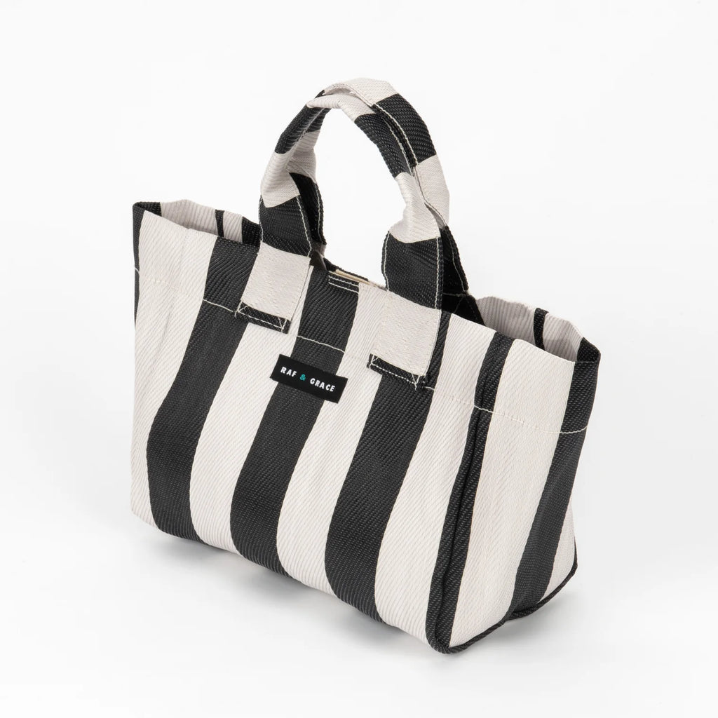 Recycled Plastic Black & Ecru Striped Micro Shopper Bag - Raf and Grace