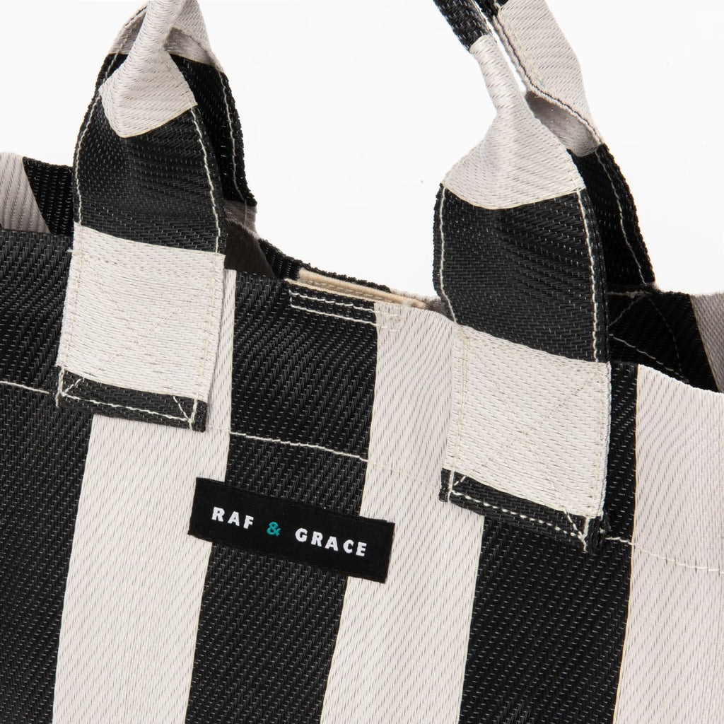 Recycled Plastic Black & Ecru Striped Micro Shopper Bag - Raf and Grace