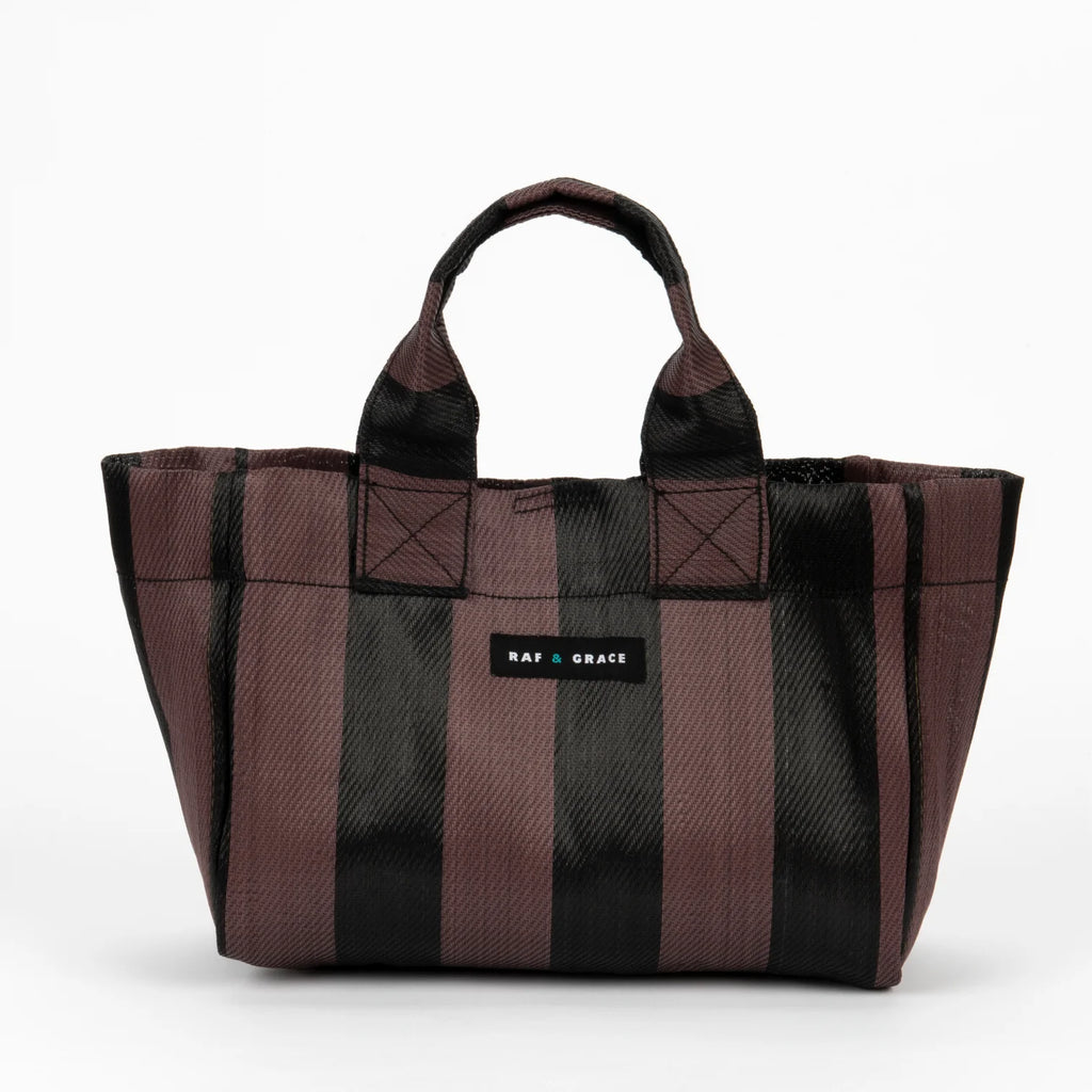Recycled Plastic Fig Brown & Black Striped Micro Shopper Bag - Raf and Grace