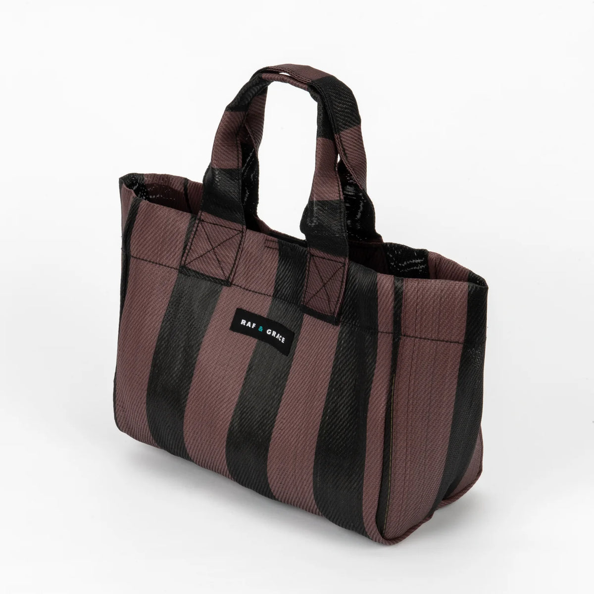 Recycled Plastic Fig Brown & Black Striped Micro Shopper Bag - Raf and Grace