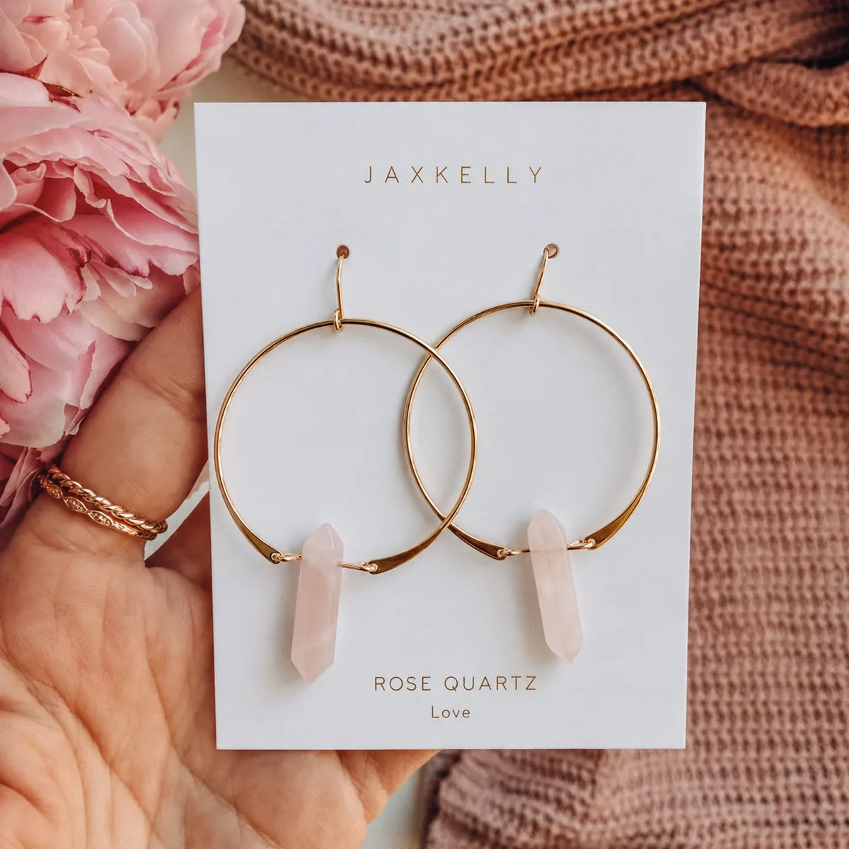 Rose and Clear Quartz Hoop Earrings