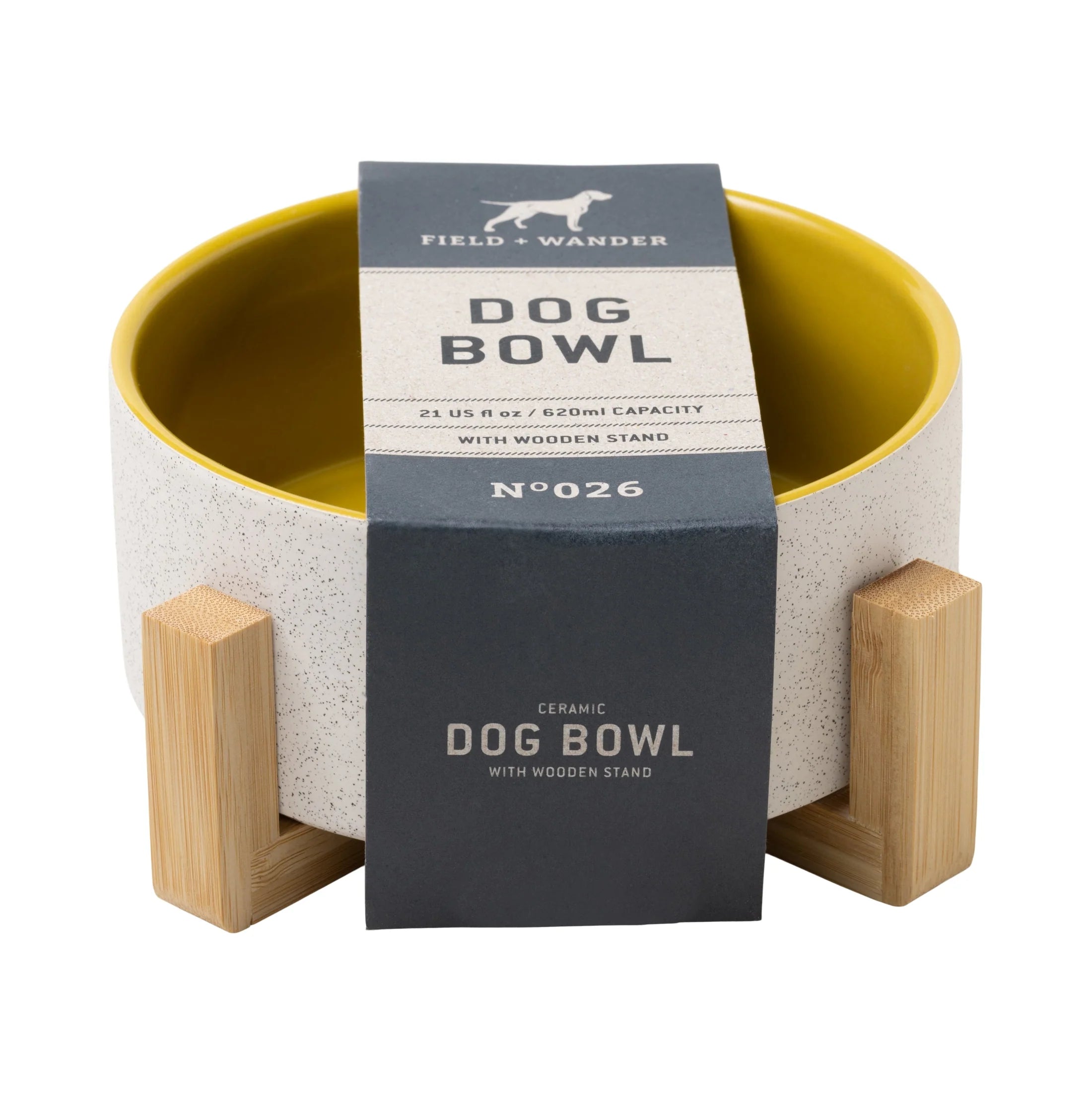 Dog Bowl with Wooden Stand - Yellow