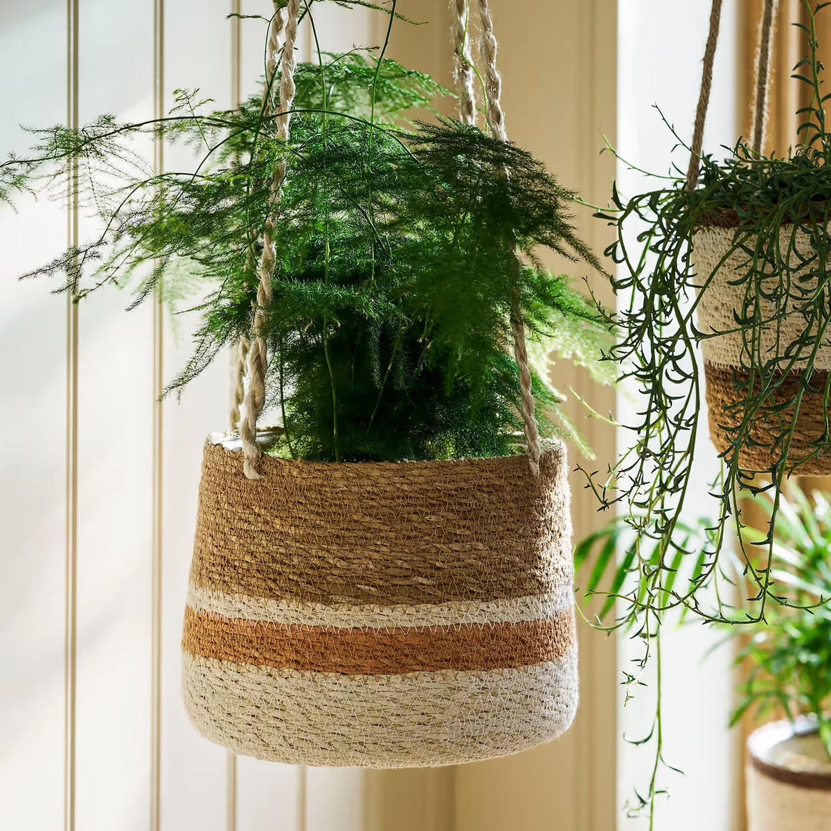 Woven Hanging Plant Pot – Orange & Cream Stripe
