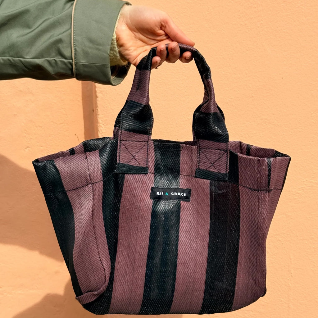Recycled Plastic Fig Brown & Black Striped Micro Shopper Bag - Raf and Grace