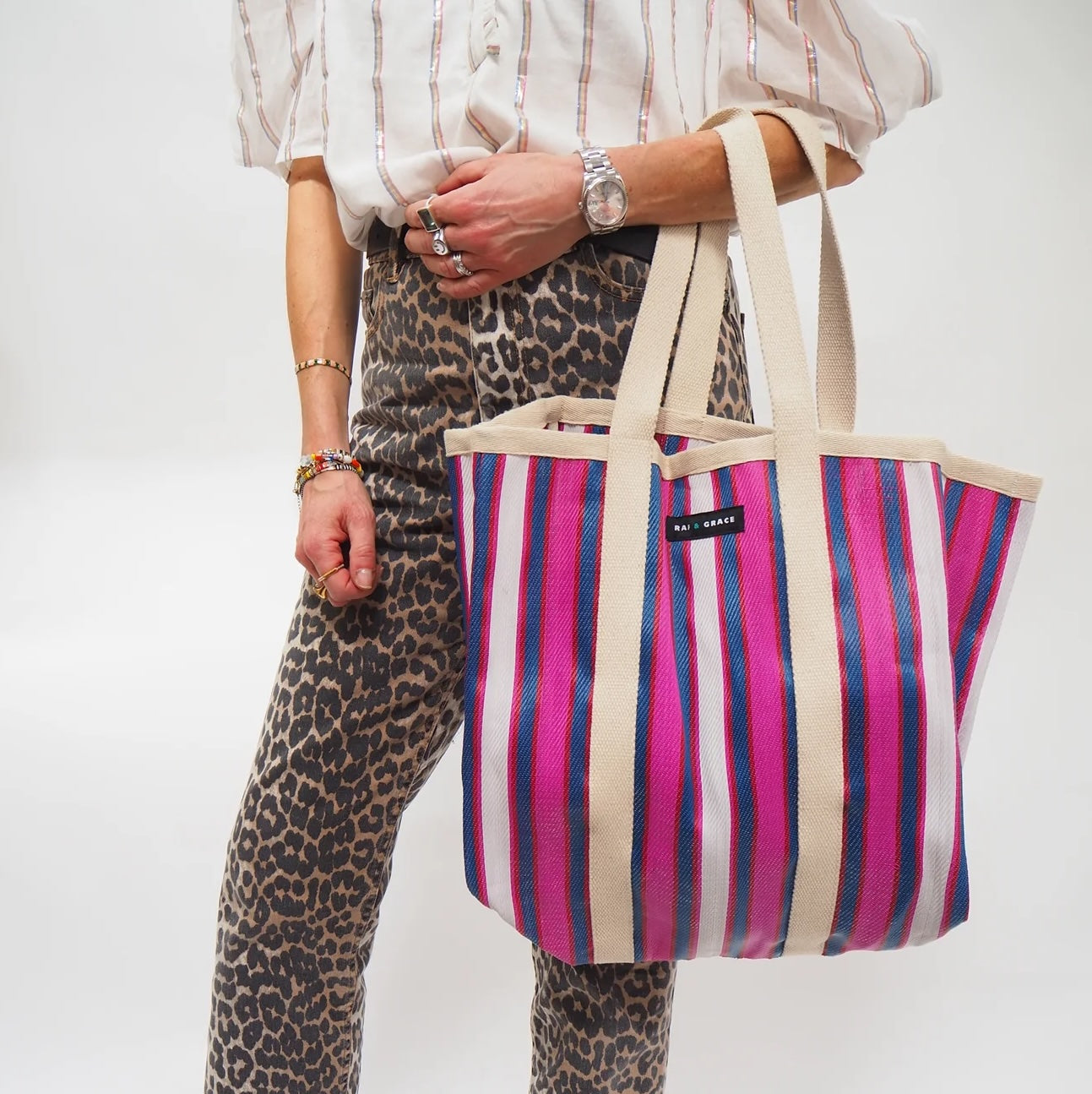 Large Recycled Plastic Navy and Purple Stripe Shopper - Raf and Grace