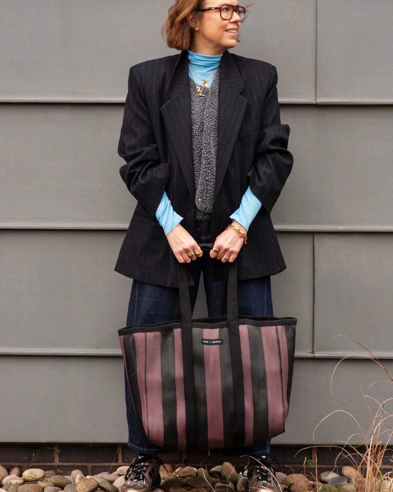 Large Recycled Plastic Fig Brown & Black Stripe Shopper Bag - Raf and Grace