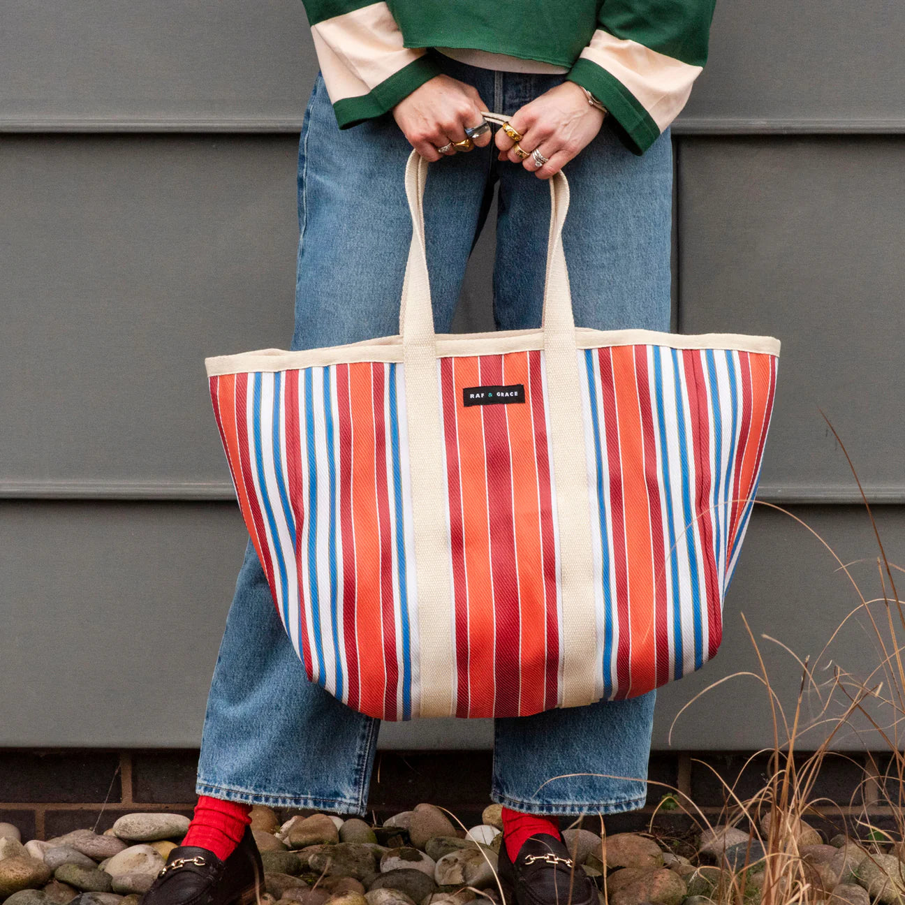 Large Recycled Plastic Orange & Red Stripe Shopper - Raf and Grace