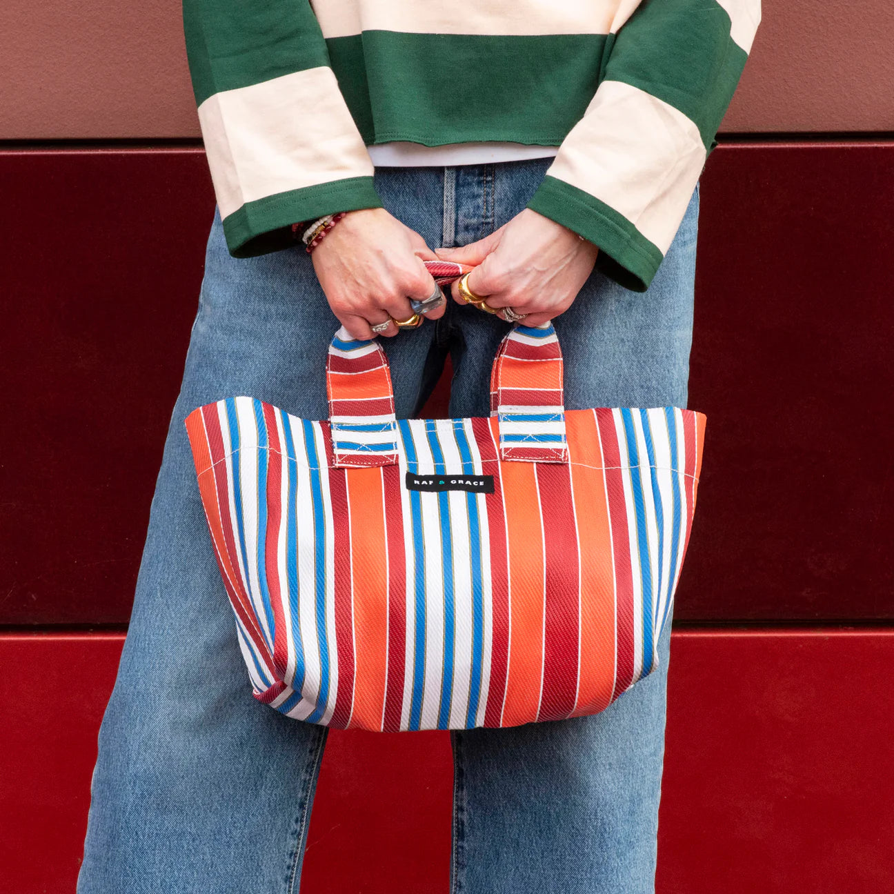 Recycled Plastic Orange & Red Striped Micro Shopper Bag - Raf and Grace