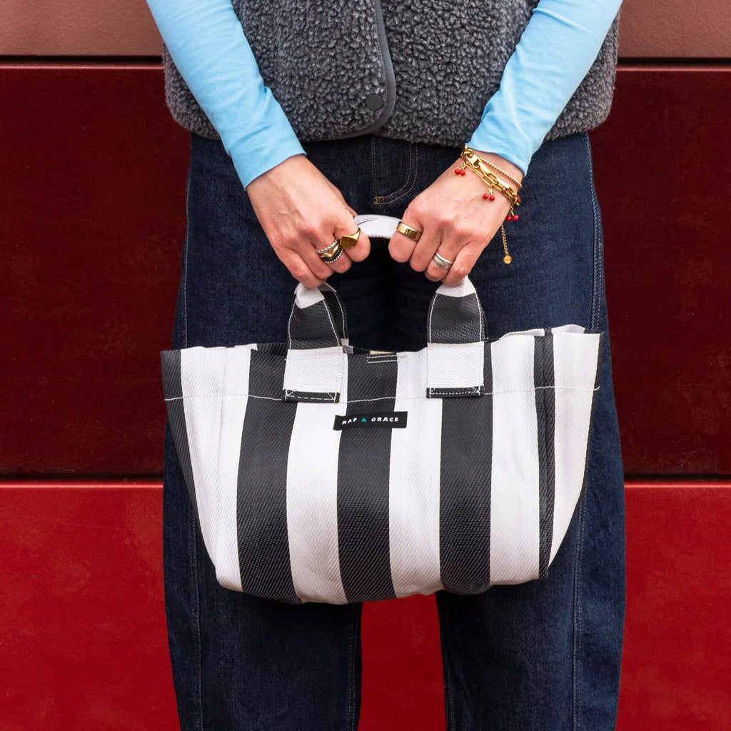 Recycled Plastic Black & Ecru Striped Micro Shopper Bag - Raf and Grace