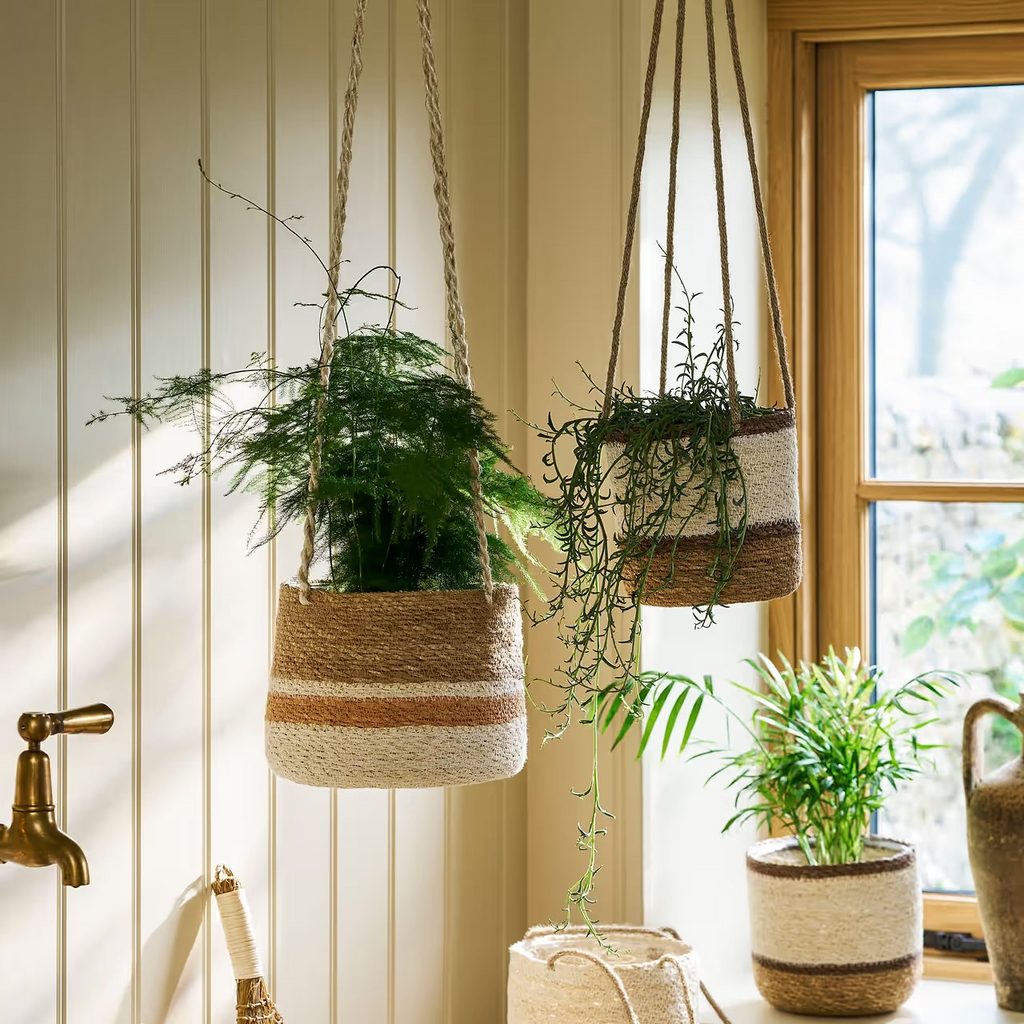Woven Hanging Plant Pot – Orange & Cream Stripe
